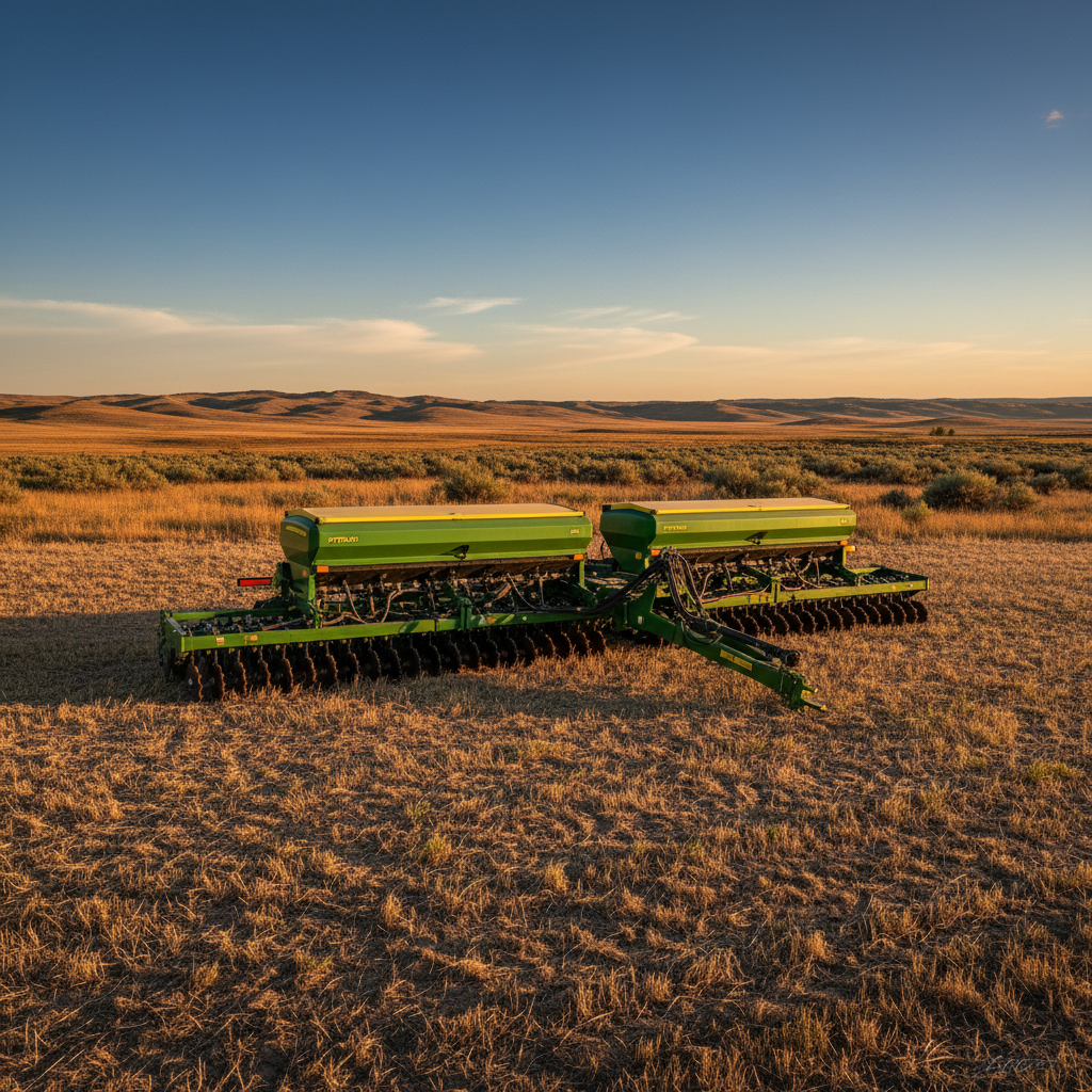 John Deere no-till seed drill in a Montana field at golden hour