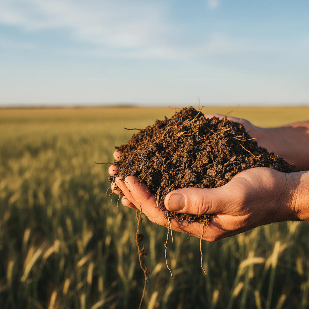 Healthy dark prairie soil held in a farmer's hands