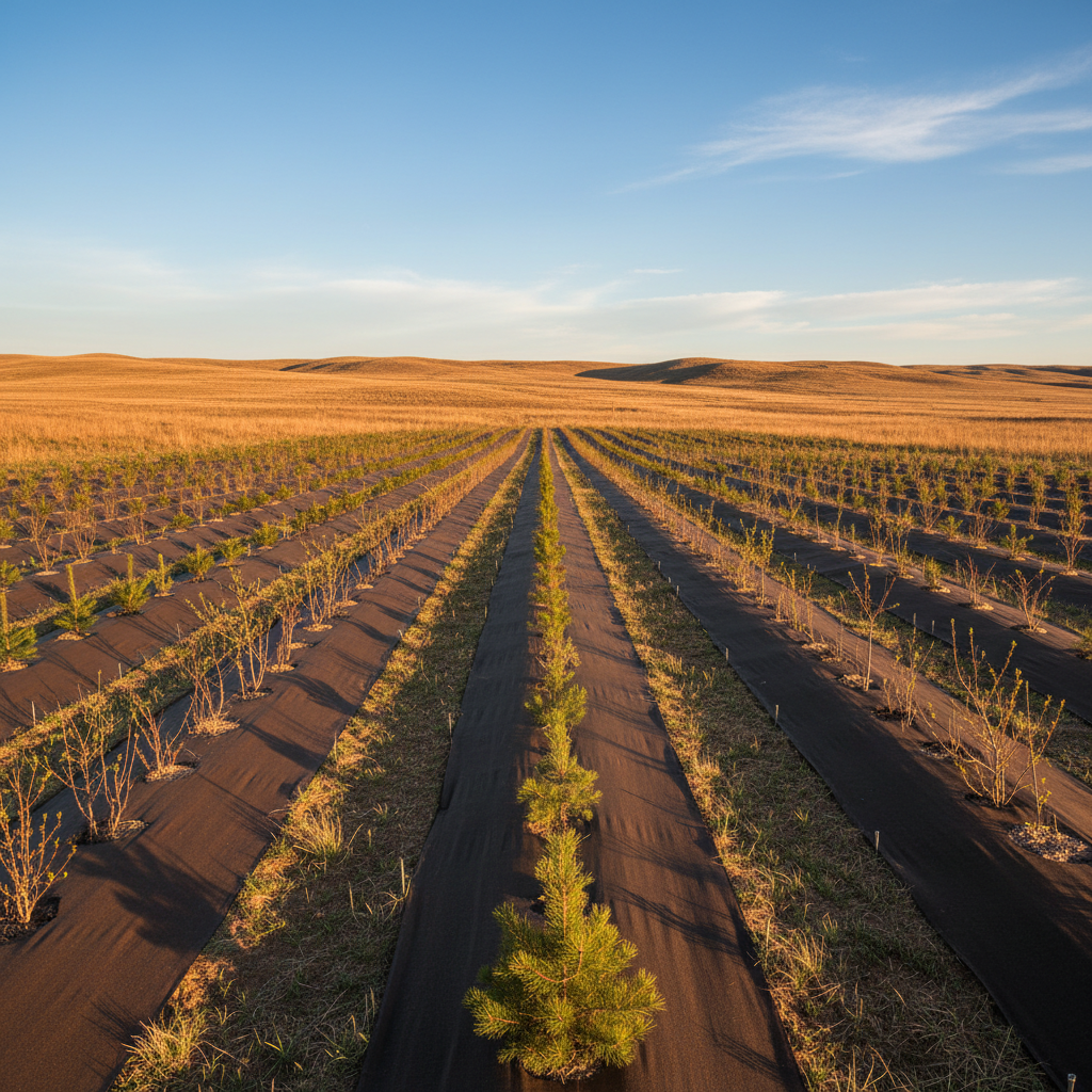 Young windbreak trees planted in fabric mulch on Montana prairie